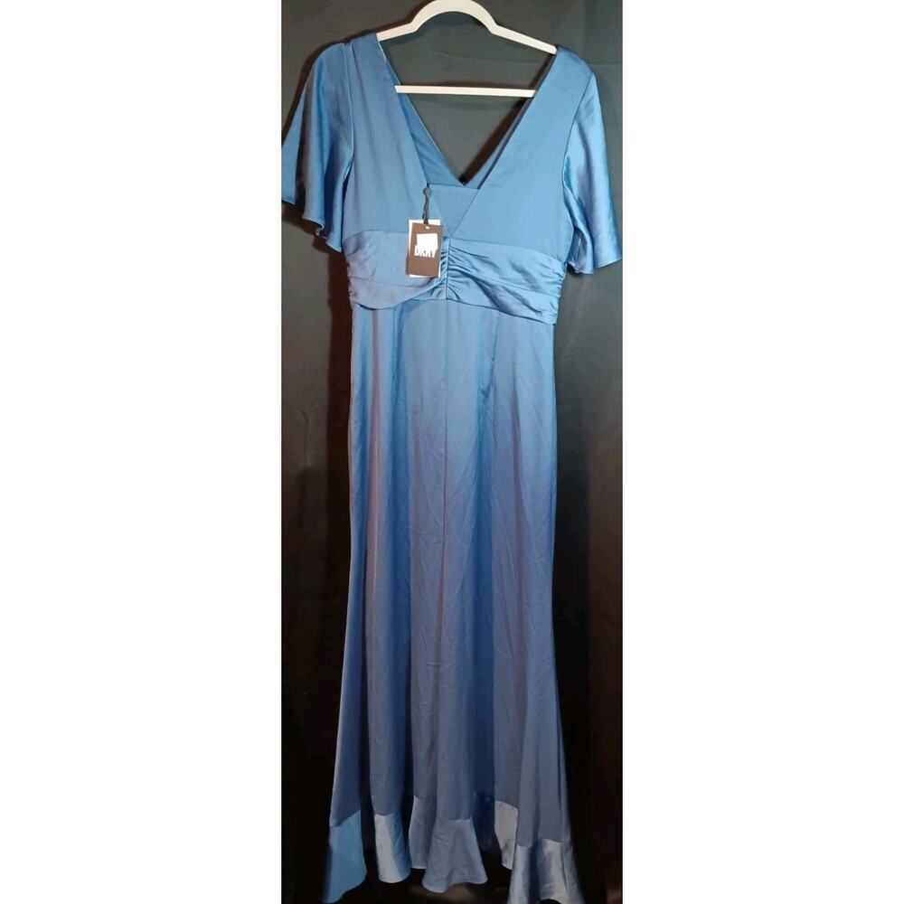 DKNY Womens Blue Satin Flutter Sleeves Evening Dress Gown Size 8 New With Tags - Picture 3 of 5